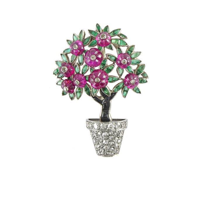 Art Deco ruby, emerald and diamond jardiniere brooch, French, in the form of a potted plant, | MasterArt